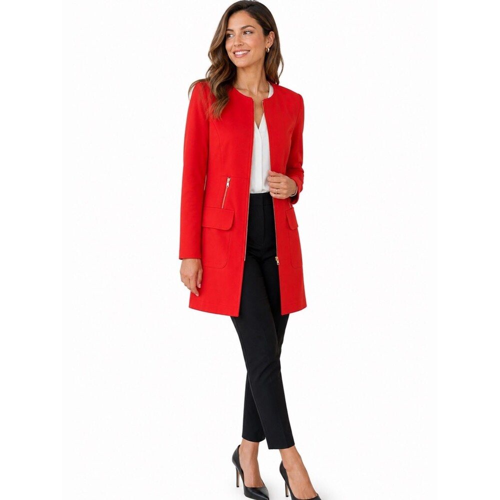 Laundry Shelli Segal Red Zip Blazer Size 8 Longline Gold Hardware Workwear Chic